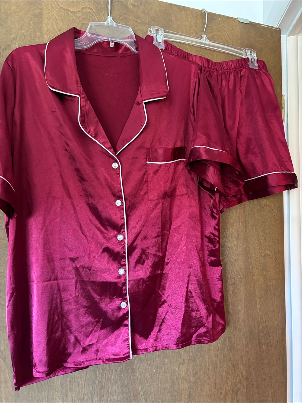 Satin Short Sleeve Pajama Set - Wine Pink